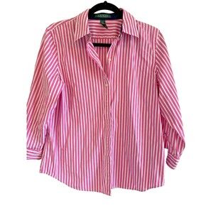 RL Pink & White Striped Blouse Classic Preppy Effortless Layer 3/4 Sleeve L